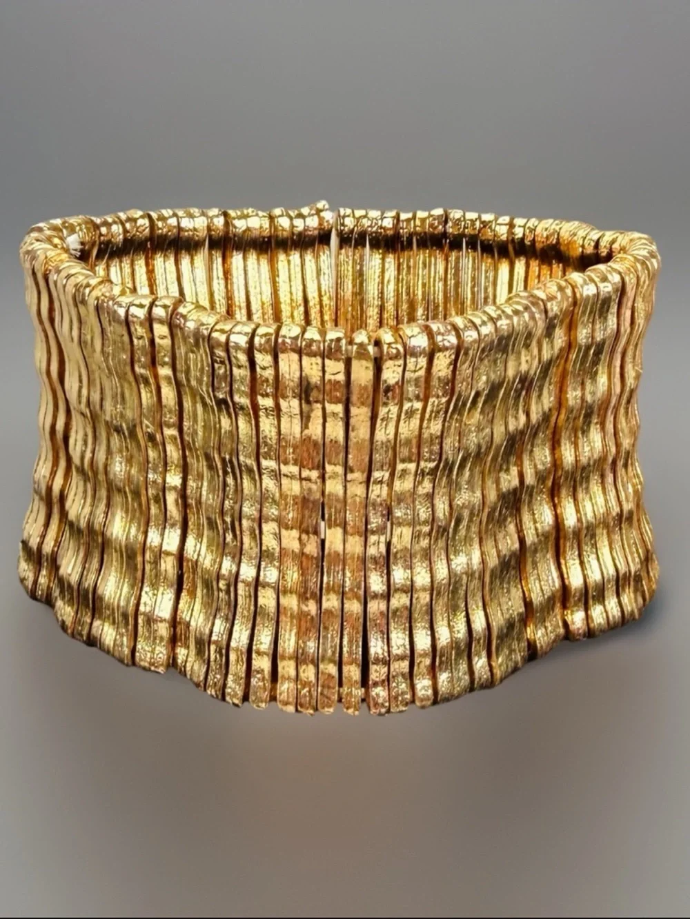 Goldtone Textured Wide Cuff Stretch Bracelet